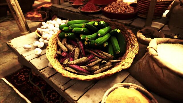 A lively market scene features a variety of fresh vegetables like zucchinis and eggplants arranged in woven baskets. Spices and nuts enhance the vibrant colors and aromas in the air.