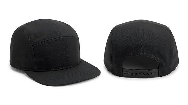 Blank black 5-panel camp cap mockup showing front and back views isolated on white background