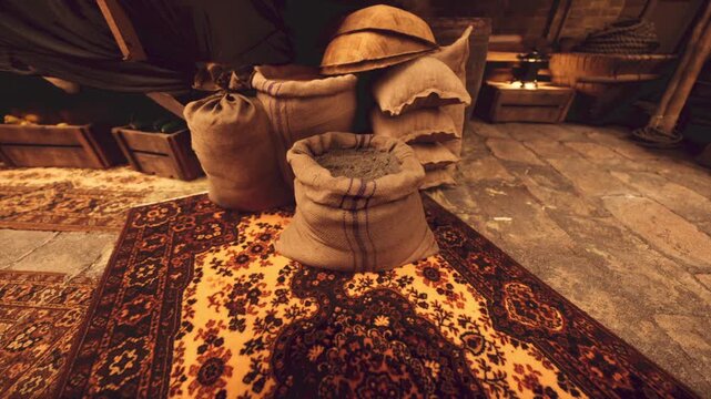 In a cozy marketplace, vibrant rugs spread across the stone floor, surrounded by burlap sacks filled with grains. The warm lighting creates a welcoming atmosphere for shoppers.