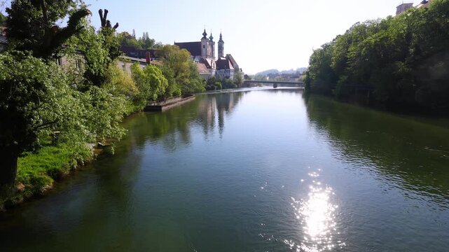 River Enns with B&uuml;rgerspitalskirche and Michaelerkirche, Steyr, Upper Austria, Austria