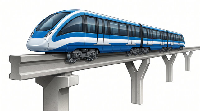 Blue and white modern elevated monorail train running on track isolated on white background, urban transit LRT electric train vector illustration. 