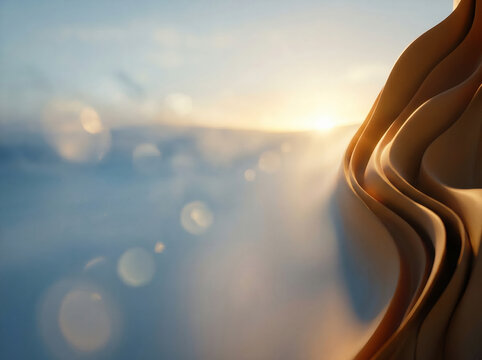 Ondas abstractas en tonos ocre dorado con luz solar suave y desenfoque bokeh, textura de fondo de lujo premium, est&eacute;tica minimalista y espacio de copia