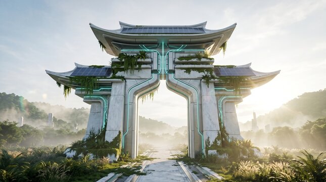 Monumental futuristic temple gate combining ancient Asian architectural proportions, white stone, solar technology and glowing cyan energy in a serene landscape.