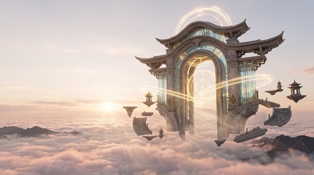 Futuristic floating temple gate above the clouds, combining elegant stone arches, translucent glass and luminous energy rings in an ethereal mountain landscape.