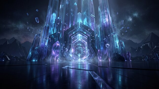 Futuristic crystal temple gate glowing with blue and violet light, surrounded by floating crystalline structures and a minimalist landscape inspired by quantum architecture.