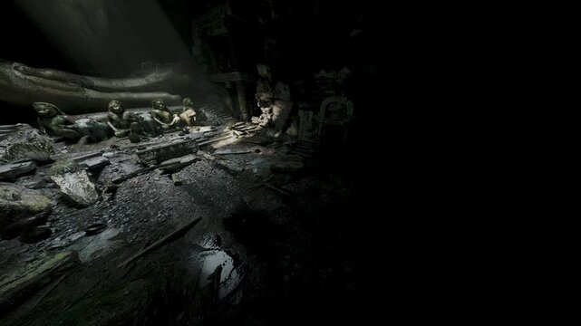 Amidst the shadows of crumbling stone walls, ancient statues watch over a forgotten space. Dust particles dance in the slivers of light, hinting at stories long lost.