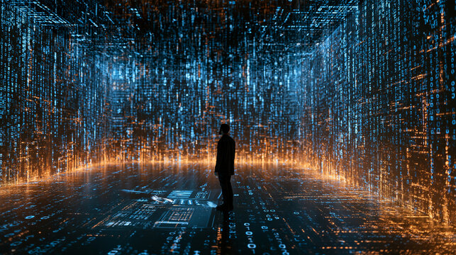 Businessman Standing in Digital Matrix with Big Data Code
