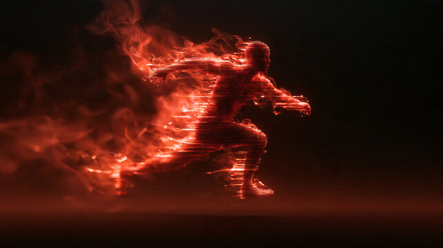Silhouette of Running Person with Fire and Glowing Motion Trails