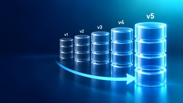 Five glowing glass database servers increasing in size with a forward arrow showing scalable storage capacity upgrade