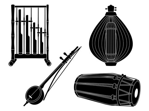 Traditional Indonesian Musical Instruments Black Vector Silhouette Set of Four Cultural Instruments