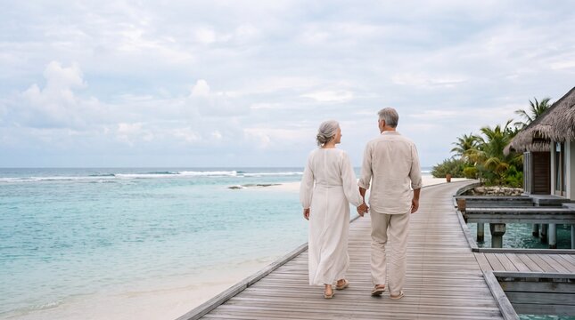 Senior Couple Walking on Pier at Tropical Luxury Resort