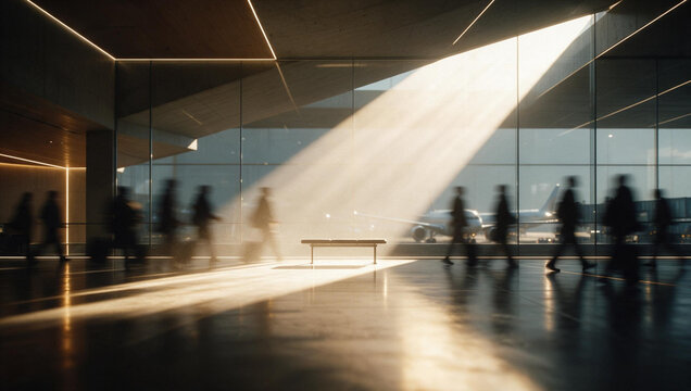 Modern Airport Terminal Interior with Sunlight Beam and Walking Travelers