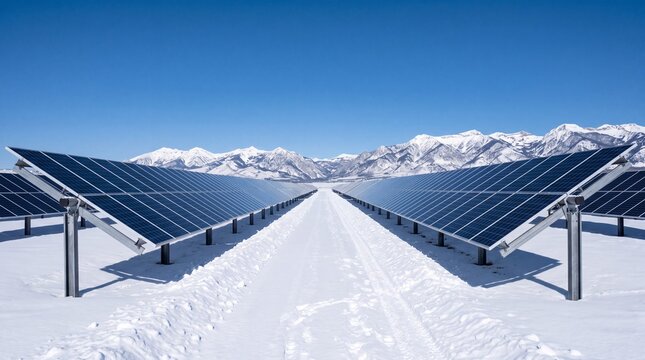 Solar Panels on Snowy Field with Mountains in Winter