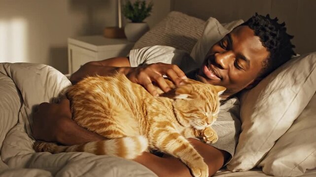 Young man gently pets orange tabby cat while relaxing in bed. Warm bedroom light softens quiet moment of comfort as he smiles and strokes fur near pillows, sharing affectionate touch with pet.