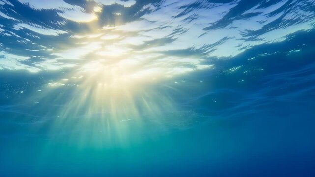 60 FPS Underwater view of ocean surface with shimmering sunbeams and moving wave caustics