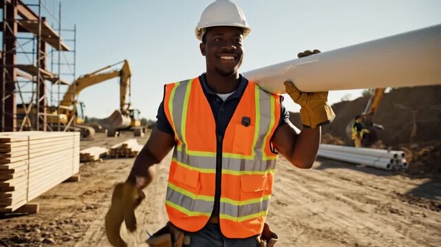 Hard hat worker walks with white pipe resting on shoulder at construction area. Orange safety vest stands out against earth tones, with excavators, scaffolding, and timber piles around him.