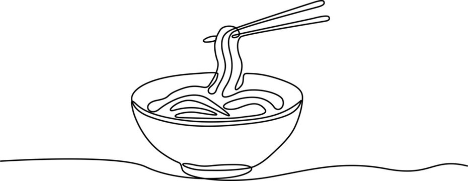 Minimalist continuous line drawing of ramen bowl with noodles and chopsticks, one line art of noodle soup, simple black and white vector for restaurant.