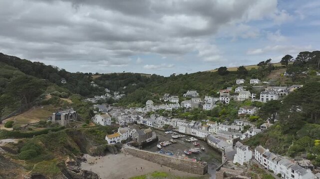 Polperro Harbour and Village from a drone, Polperro, Looe, Cornwall, England, United Kingdom