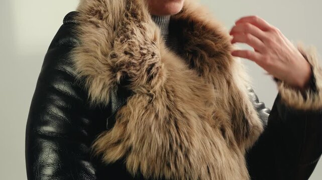Sheepskin coat with fox fur collar, close up of woman in leather jacket with fluffy fur hood, warm shearling outerwear in fur shop from Turkish leather factory production