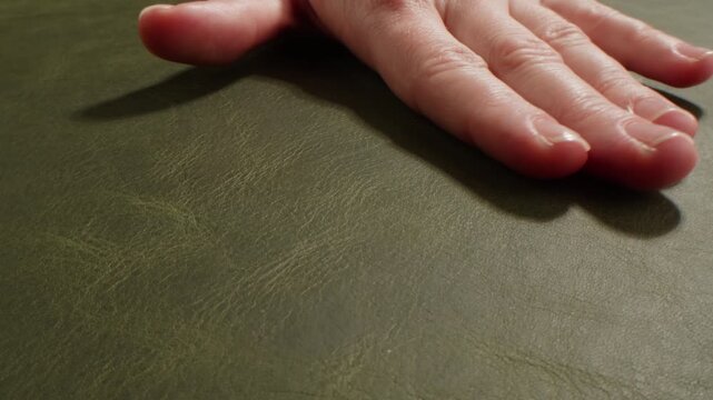 Leather texture with woman hand touching, close up of genuine red and dark leather surface, natural cowhide material sample in leather shop and factory production