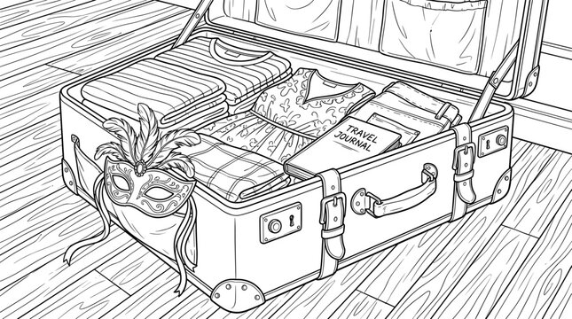Open vintage suitcase packed with clothes and a Mardi Gras mask on a wooden floor, black and white line art illustration