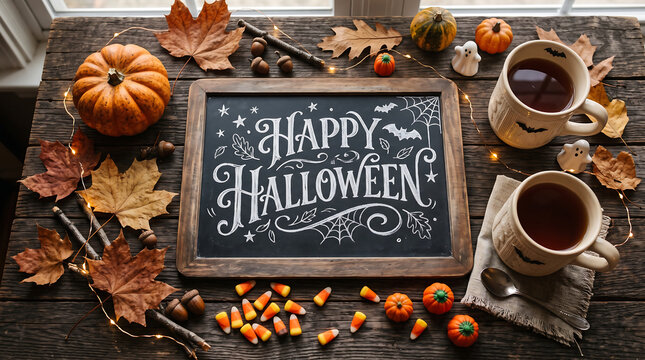 Happy Halloween chalkboard lettered sign on wooden table with coffee cups autumn leaves and mini pumpkins.