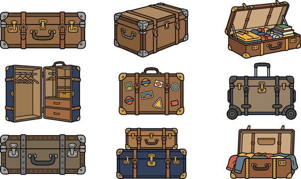 Vintage leather suitcase and trunk icon set with open and packed views, vector icon set isolated on white