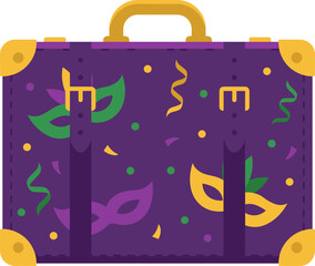 Vintage leather travel suitcase adorned with subtle Mardi Gras mask motifs, flat vector illustration isolated on white background © risma