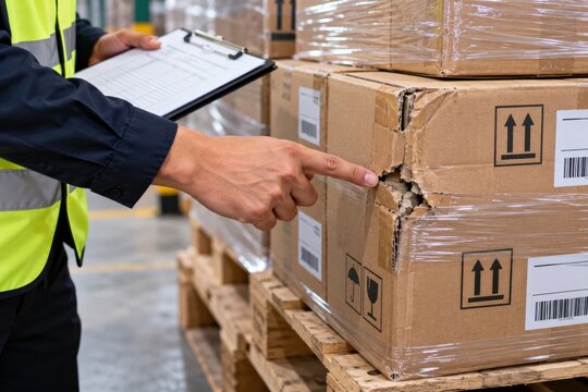 A warehouse worker pointing at a damaged cardboard box on a wooden pallet during an inspection.