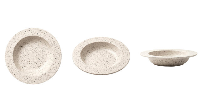 Three views of one minimalist beige terrazzo ceramic bowl plate set with multi-angle perspective and top view isolated on white background modern eco-friendly speckled stoneware for dining