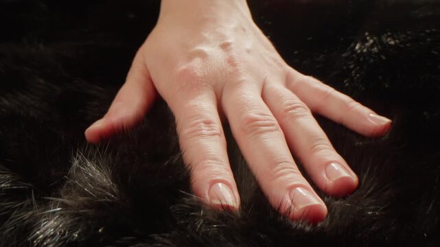 Hand touching soft faux fur texture, luxury winter coat, artificial jacket, texture textile close up. 