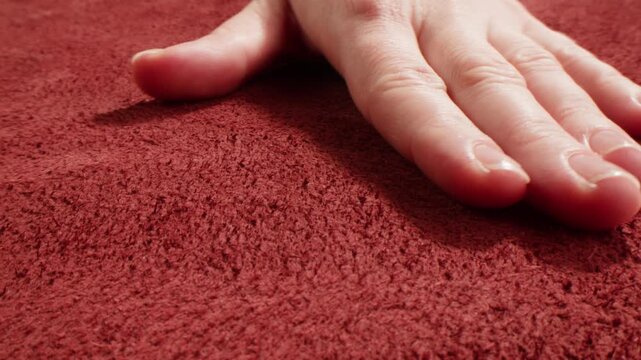 Nubuck texture with woman hand touching, close up of red, orange and green suede leather surface, soft natural nubuck material sample in leather shop and factory
