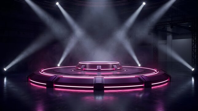 Circular display stand with central cylinder illuminated by stage lighting