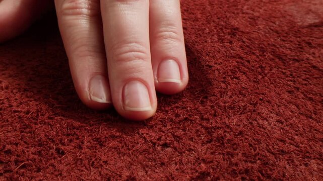 Nubuck texture with woman hand touching, close up of red, orange and green suede leather surface, soft natural nubuck material sample in leather shop and factory