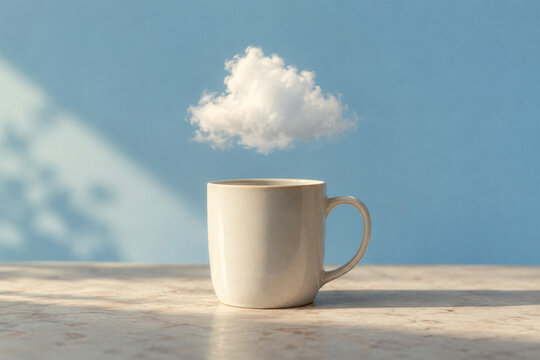湯気の代わりに白い雲が浮かぶ幻想的なコーヒーカップ