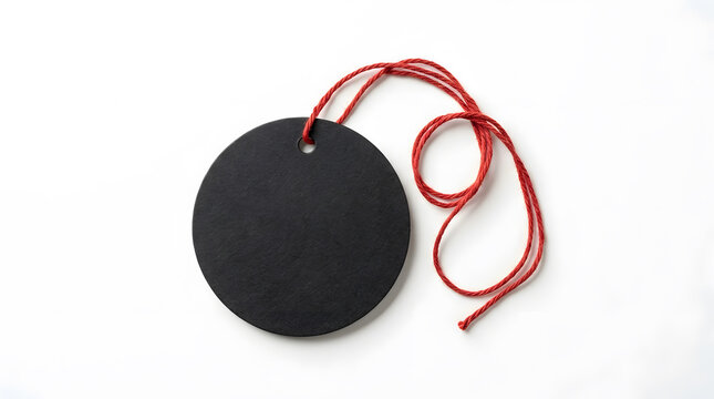 Blank circular black tag with loose red string loops