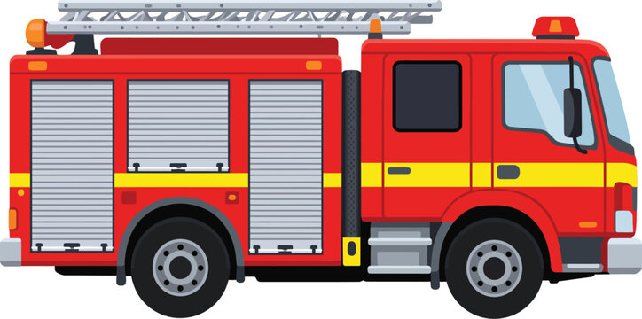 Fire Engine Emergency Rescue Truck with Ladder and Equipment Flat Vector Illustration