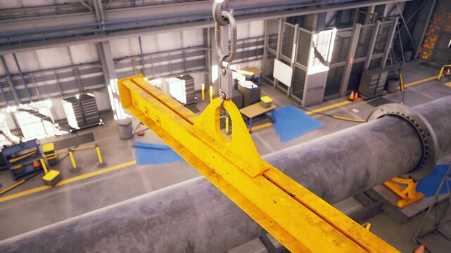 A bright yellow crane hook dangles above a large, gray pipe in an industrial warehouse. Workers and equipment are scattered around, emphasizing the busy atmosphere of the working day.
