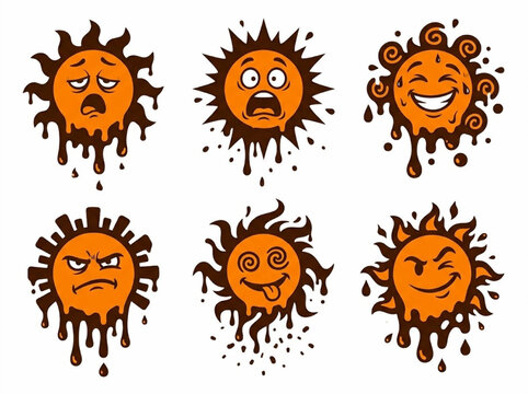 Set of melting sun characters with facial expressions.