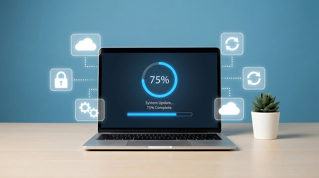 Laptop displaying a system update progress bar on a desk