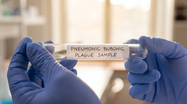 doctor hands in blue gloves holding pneumonic bubonic plague sample test tube close up in medical lab healthcare science research concept