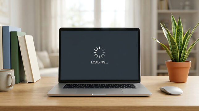 Laptop displaying a loading screen on a wooden desk in a room