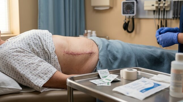 Patient with Abdominal Incision Scar Recovering in Hospital Bed after Surgery with Medical Professional in Blue Gloves Providing Care in Clinical Setting