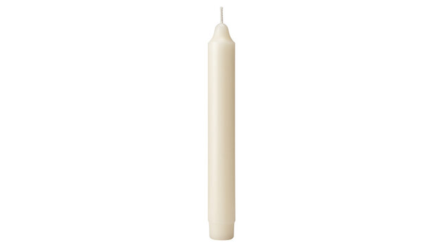 Minimalist cream taper candle, unlit off-white wax paraffin candle object, elegant unburned tall dinner candle isolated on white background