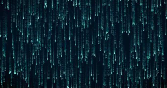 Japanese katakana characters cascade in a dense, teal-hued code storm animation with a deep tunnel parallax effect.