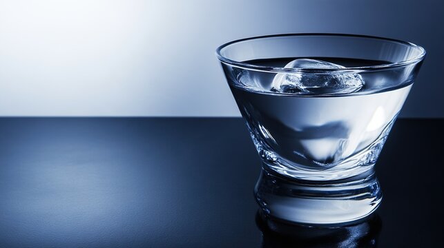 A single cone-shaped glass with clear liquid and a melting ice cube on a dark surface.