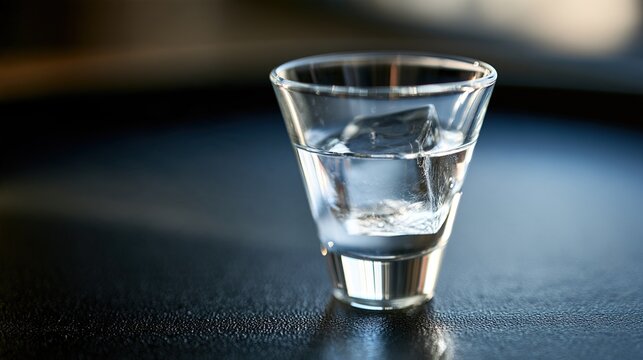 A single cone-shaped glass with clear liquid and a melting ice cube on a dark surface.