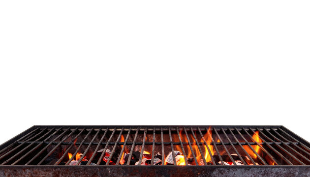 Barbecue grill grate with glowing hot charcoal embers and bright orange flames featuring a rustic metal cooking surface&nbsp;