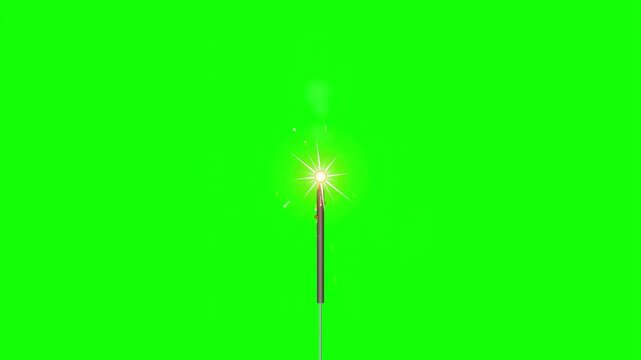 Bright burning sparkler firework emitting glowing sparks on green screen