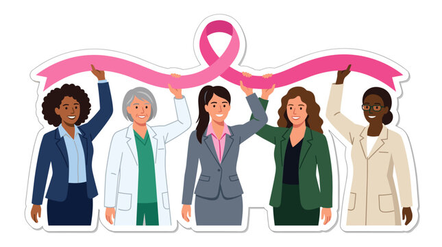 Flat Vector Illustration of Five Diverse Professional Women Holding a Large Pink Ribbon Together, Breast Cancer Awareness Month Concept, Sticker Graphic Design with White Border, Women Healthcare